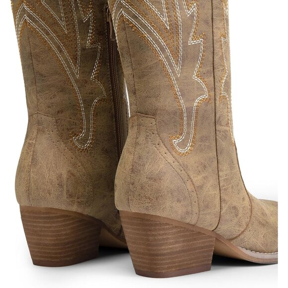 Womens Faux Leather Tan Embroidered Side Zipper Chunky Heel Retro Tall Boot - Picture 6 of 9